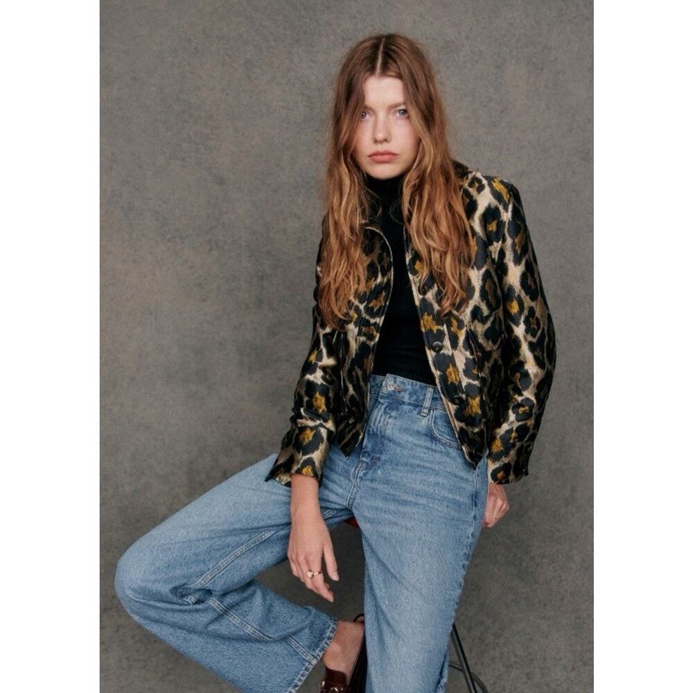 Sezane Terry Jacket 34 XS Leopard Jacquard Cropped Button Front - Picture 2 of 11
